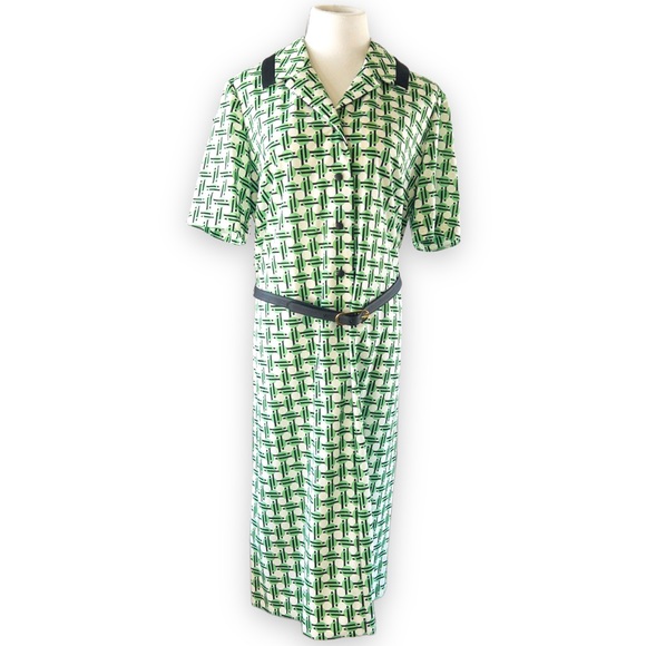 NWT Vintage 70s Geometric Print Green Black White A-line Shirt Dress Size 20.5 - Picture 2 of 16
